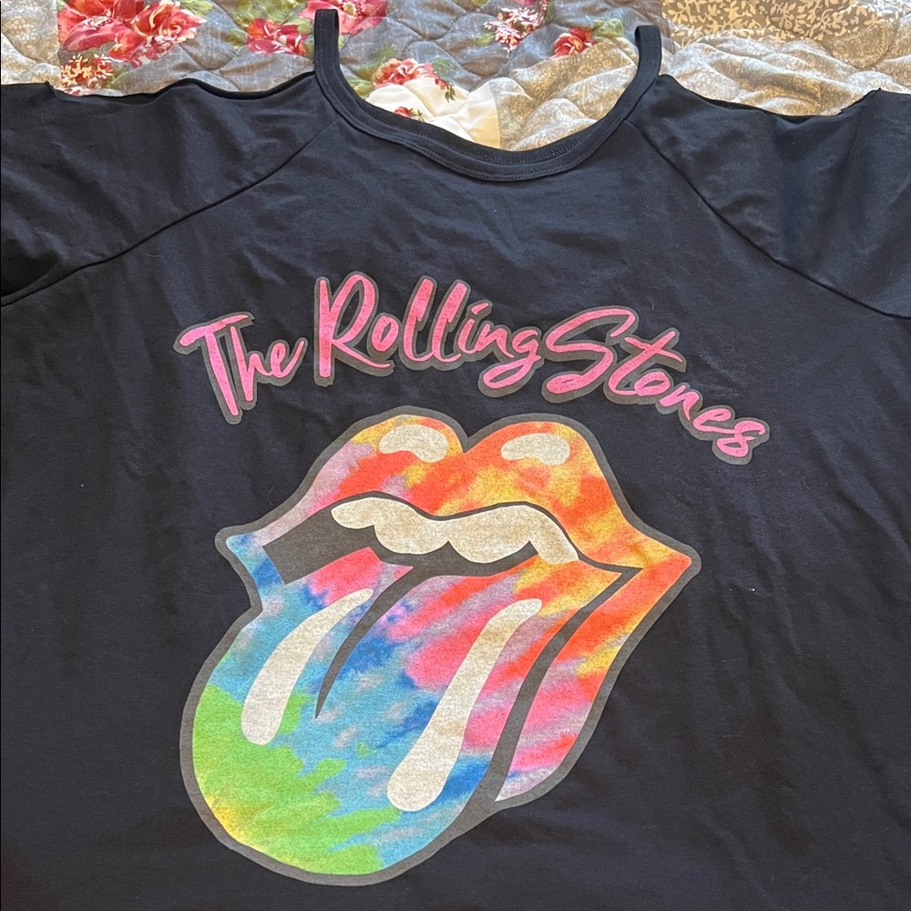 SOLD!! The Rolling Stones Tee with Colorful Tongue Graphic and Cold Shoulder